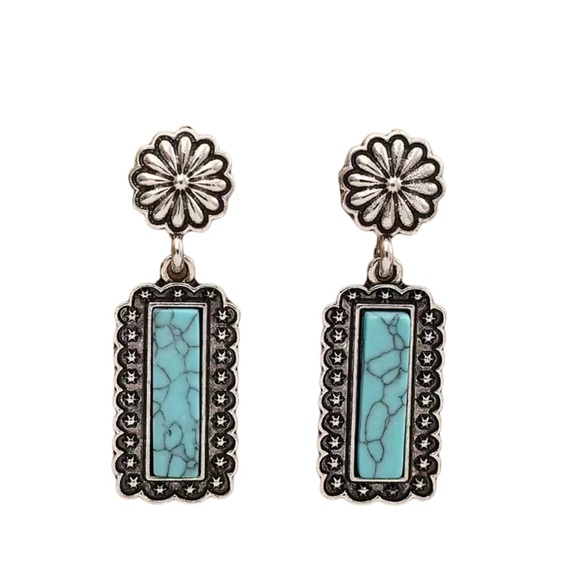 Vintage Boho Silver and Turquoise Bar Drop Earrings - Picture 1 of 5